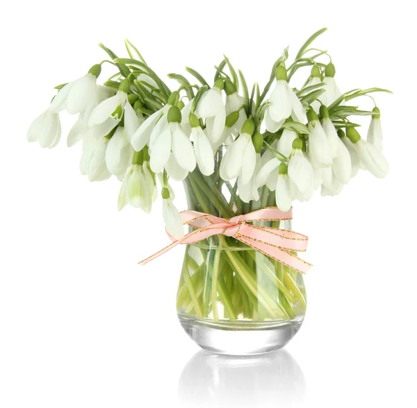 Bouquet of snowdrop flowers in glass vase, isolated on white — Stock Photo, Image