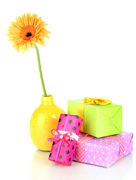 Belle fleur Gerber avec des cadeaux isolés sur blanc — Photo