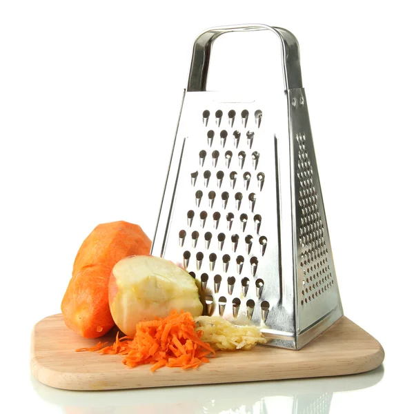 Metal grater and apple, carrot on cutting board, isolated on white — Stock Photo, Image