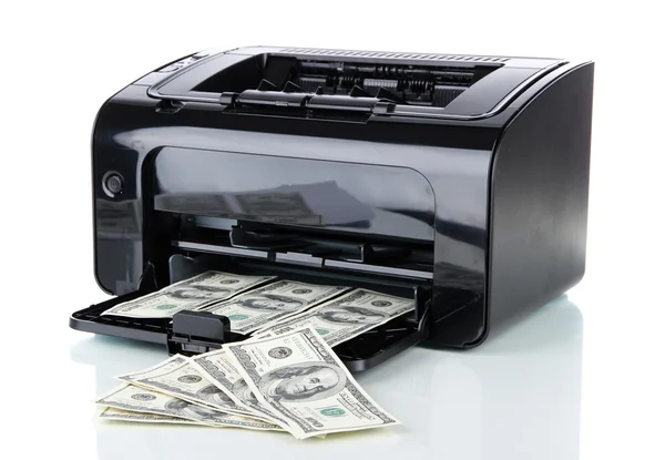 Printer afdrukken nep dollarbiljetten geïsoleerd op wit — Stockfoto