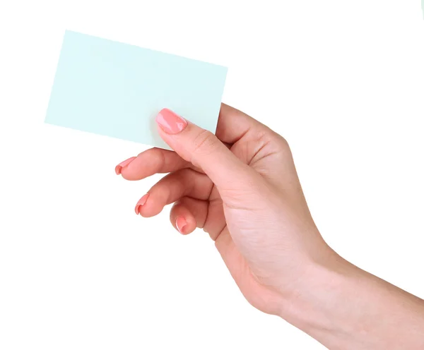 Carte de visite main femme, isolée sur blanc — Photo