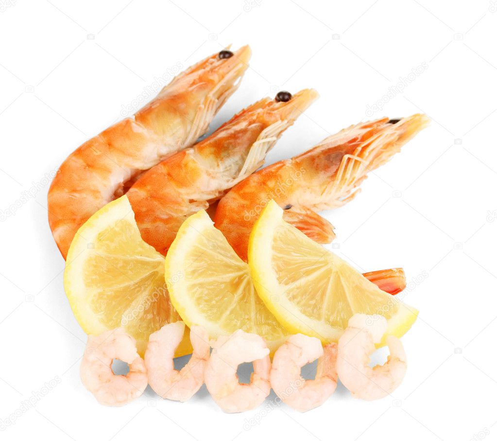 Shrimps with lemon isolated on white