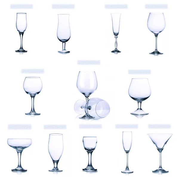 Collection of empty glasses isolated on white background — Stock Photo, Image