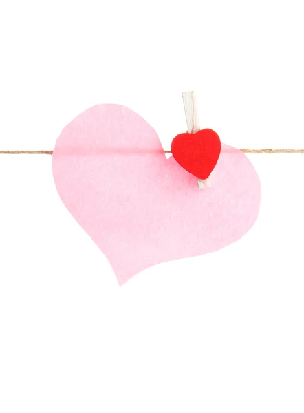 Paper heart on rope, isolated on white — Stock Photo, Image