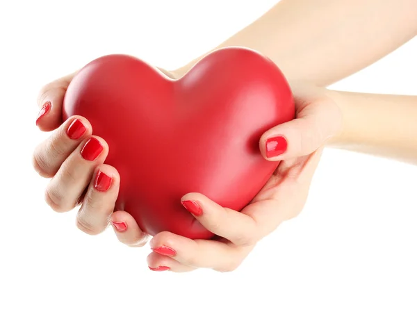 Red heart in woman hands, isolated on white — Stock Photo, Image