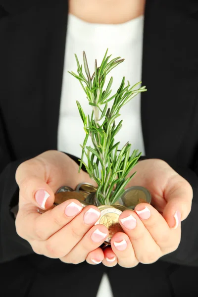 Žena ruce zelených rostlin a mince, blízko u — Stock fotografie