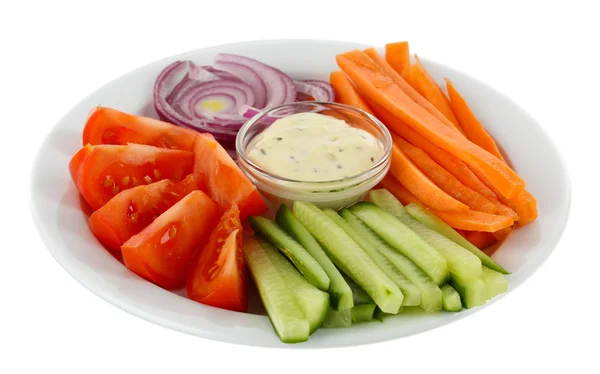 Assorted raw vegetables sticks in plate isolated on white — Stock Photo, Image