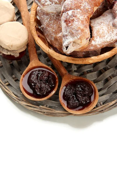 Taste croissants in basket and jam isolated on whit — Stock Photo, Image