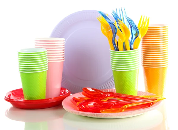 Multicolored plastic tableware isolated on white — Stock Photo, Image