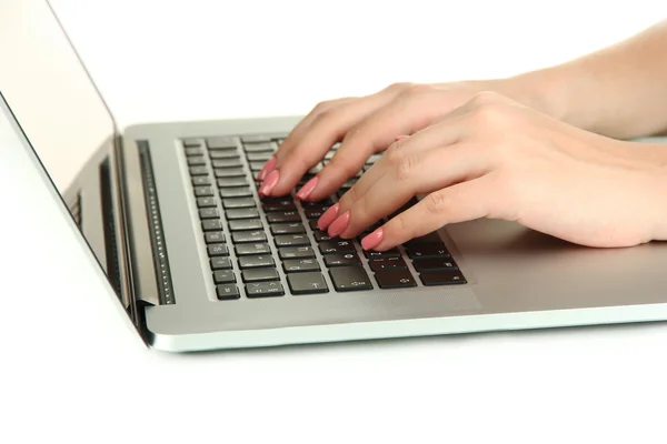 Female hands writing on laptop, isolated on white — Stock Photo, Image