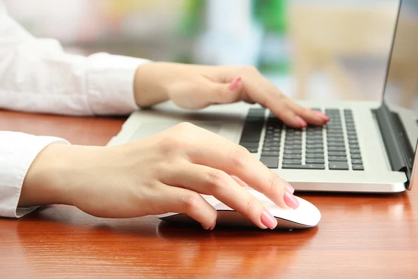 Female hands working on laptop, on bright background — Stock Photo, Image