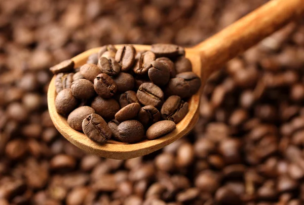 Kávová zrna v dřevěné lžíci, zblízka — Stock fotografie