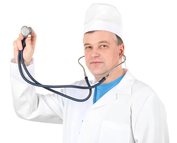 Beyaz izole stetoskop ile tıp doktoru — Stok fotoğraf