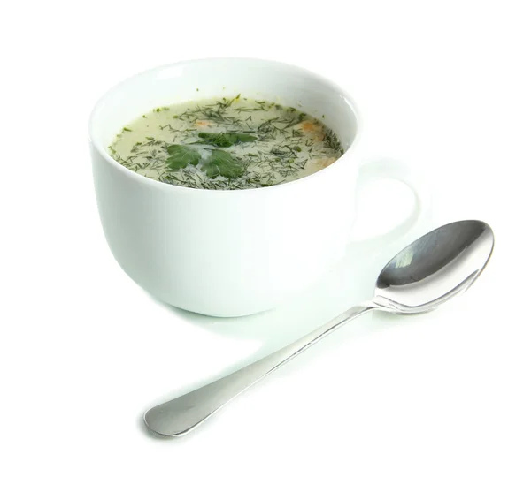Duftende Suppe in Tasse isoliert auf weiß — Stockfoto