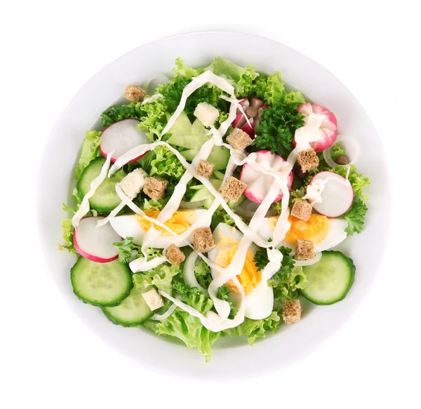 Fresh mixed salad with eggs, salad leaves and other vegetables, isolated on white — Stock Photo, Image