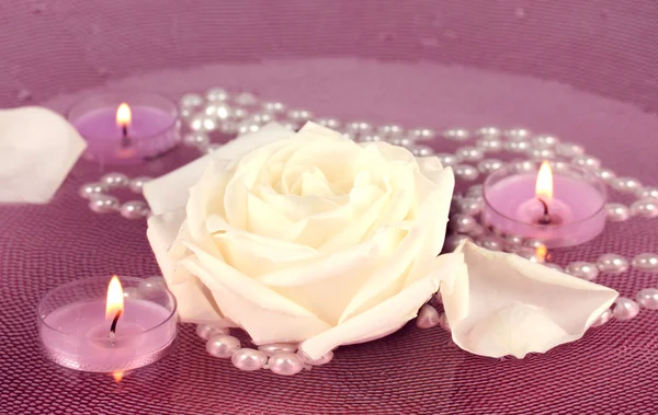 Piedras de spa con flores y velas en agua en el plato — Foto de Stock