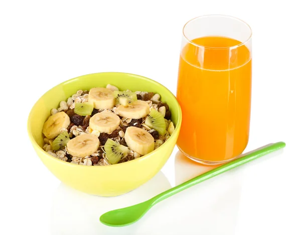 Delicious and healthy cereal in bowl with juice isolated on white — Stock Photo, Image