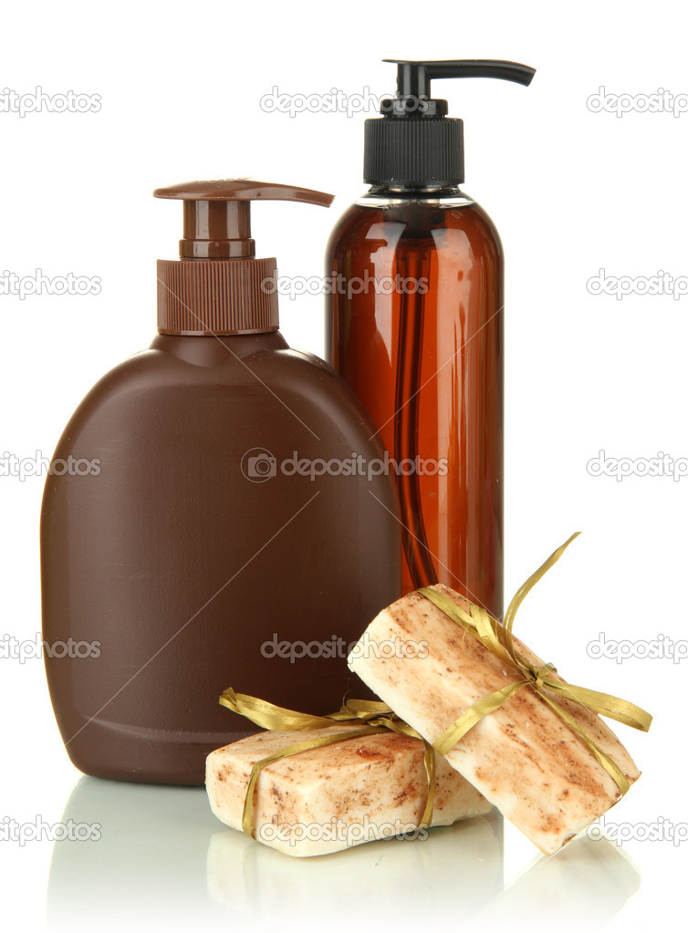 Liquid and hand-made soaps isolated on white
