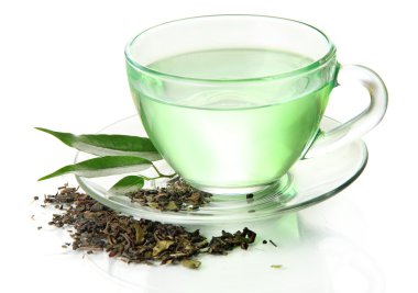 yeşil çay, beyaz izole şeffaf bardak