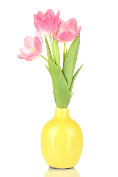 Pink tulips in bright vase, isolated on white — Stock Photo, Image