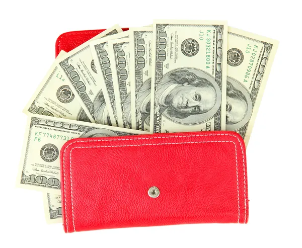 Purse with hundred dollar banknotes, isolated on white — Stock Photo, Image