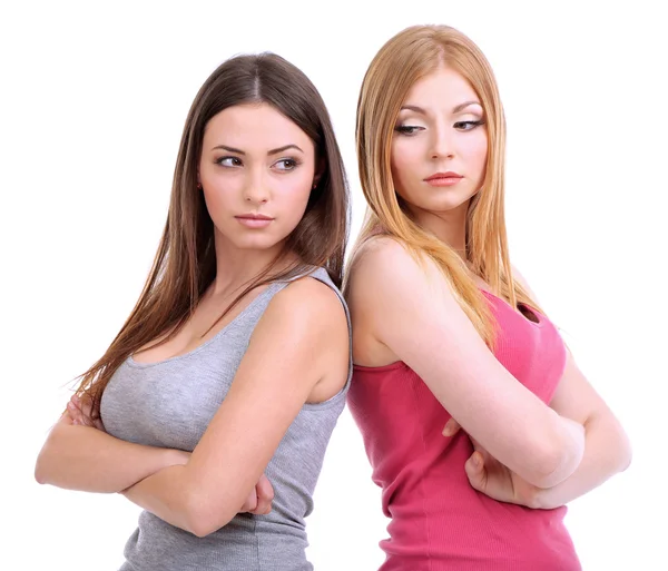 Two girl friends quarrel isolated on white — Stock Photo, Image