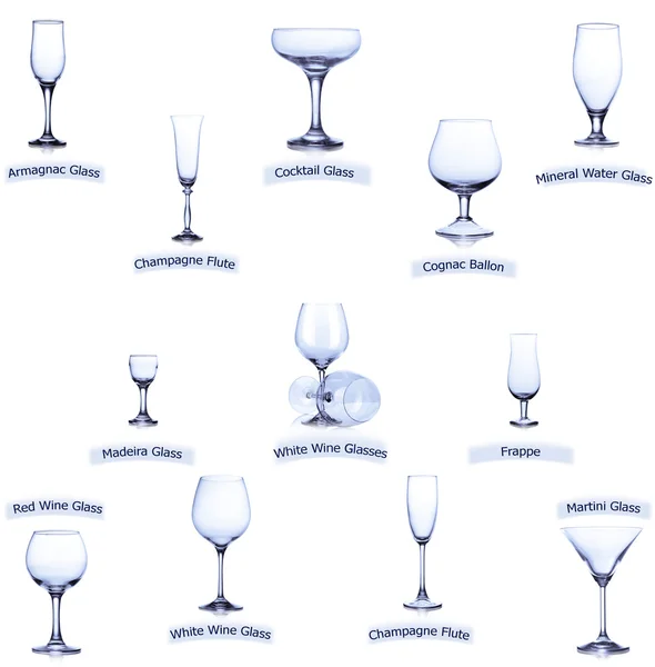 Collection of empty glasses with designation isolated on white background — Stock Photo, Image