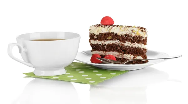 Bir fincan çay ve lezzetli pasta üzerinde beyaz izole — Stok fotoğraf