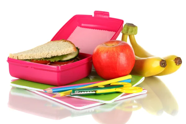 Doos van de lunch met sandwich, fruit en briefpapier geïsoleerd op wit — Stockfoto