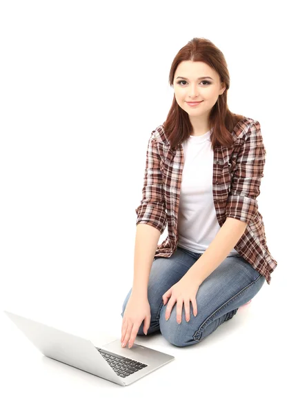 Beautiful young woman with laptop isolated on white — Stock Photo, Image