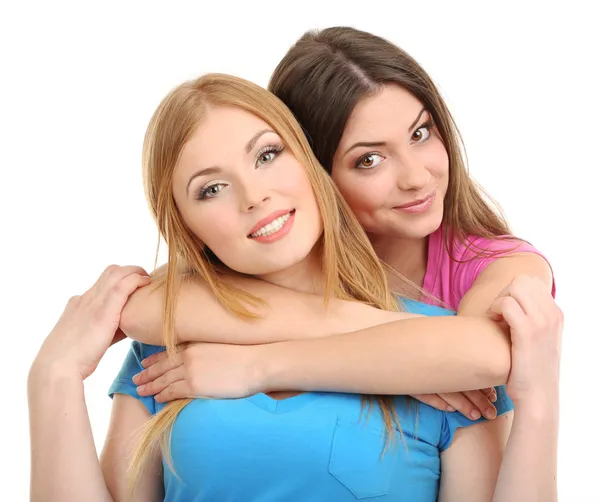 Two girl friends hugging isolated on white — Stock Photo, Image