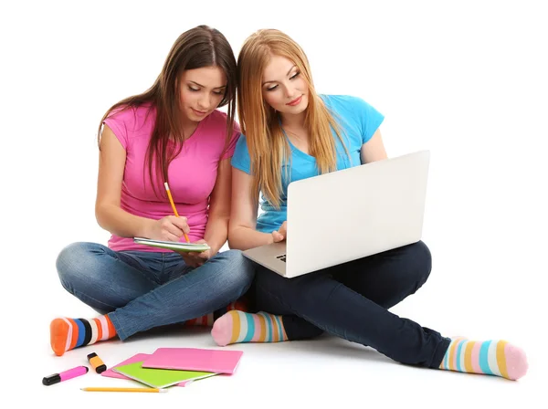 Duas amigas com laptop isolado no branco — Fotografia de Stock