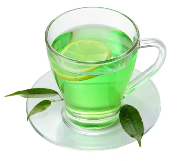 Taza transparente de té verde, aislada en blanco — Foto de Stock