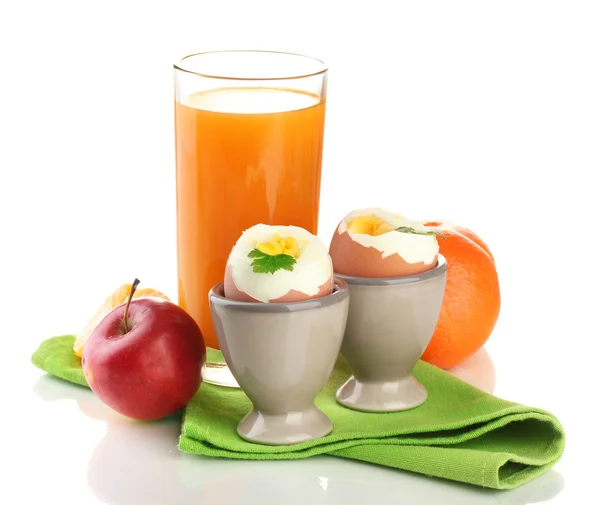 Light breakfast with boiled eggs and glass of juice, isolated on white — Stock Photo, Image