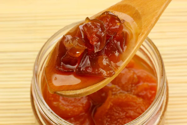 Tasty homemade jam, on bamboo mat — Stock Photo, Image