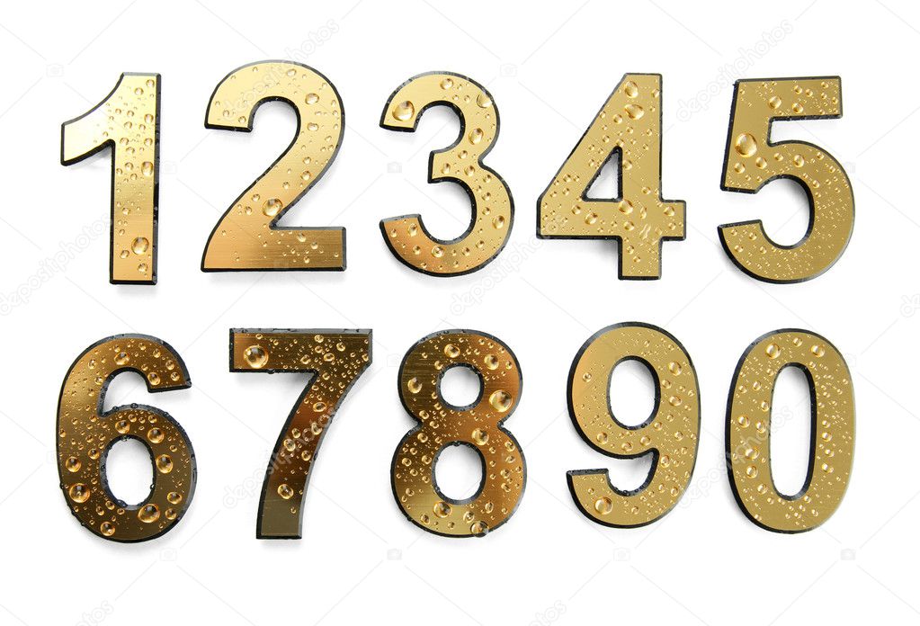 Golden numbers with drops, isolated on white