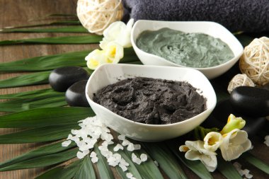 palmiye yaprak zemin üzerine spa uygulamaları için kozmetik kil ile kompozisyon