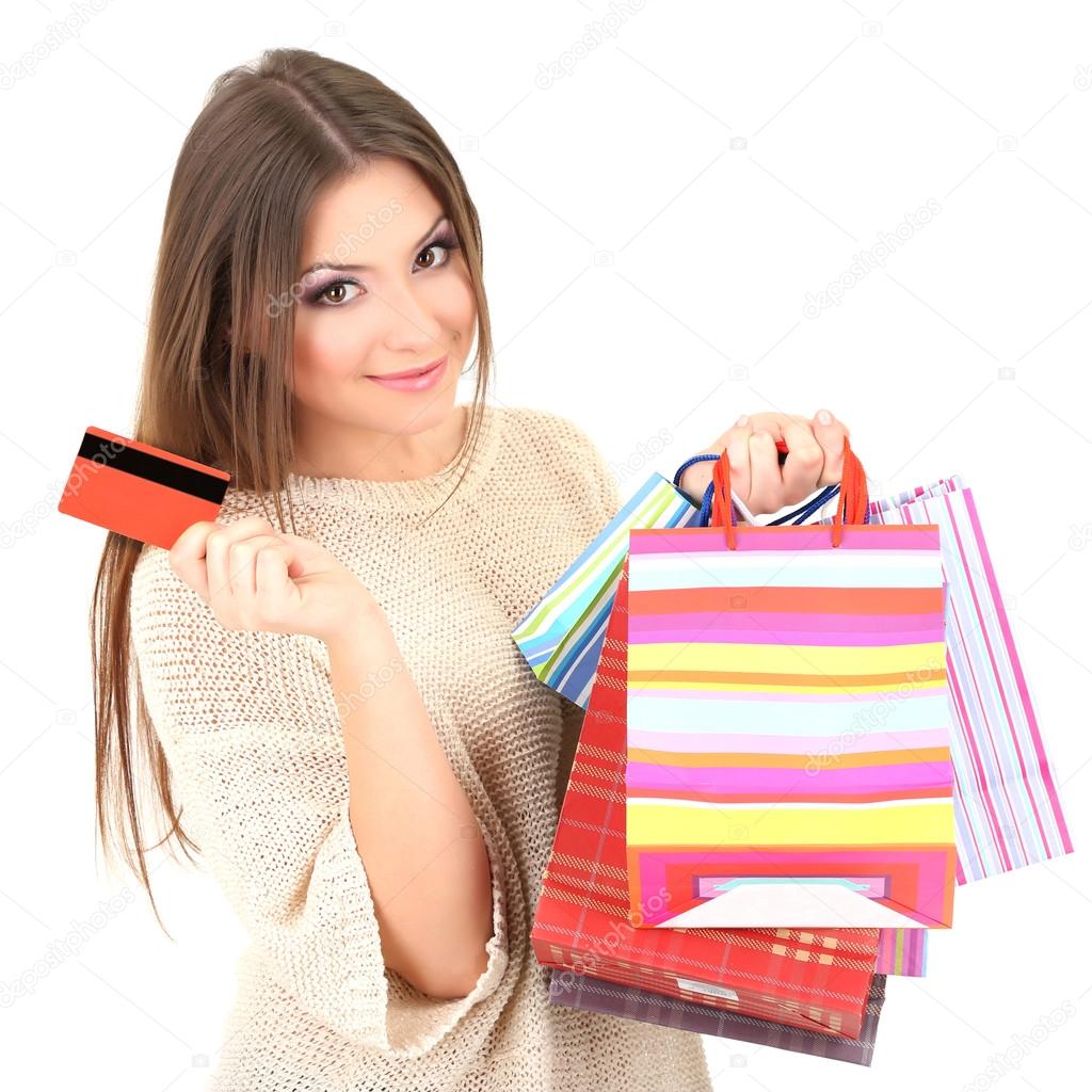 Woman with bags isolated on white