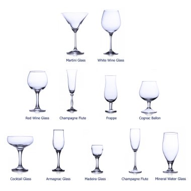 collection of empty glasses with designation isolated on white background clipart