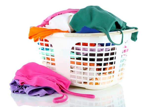 Clothes in plastic basket isolated on white — Stock Photo, Image