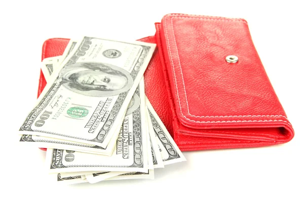 Purse with hundred dollar banknotes, isolated on white — Stock Photo, Image
