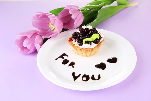 Zoete cake met blackberry en chocolade saus op plaat, op een achtergrond met kleur — Stockfoto