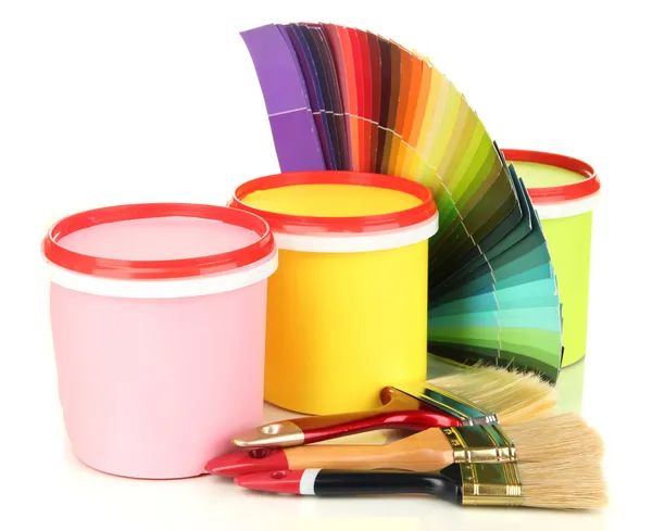 Set for painting: paint pots, brushes, palette of colors isolated on white — Stock Photo, Image