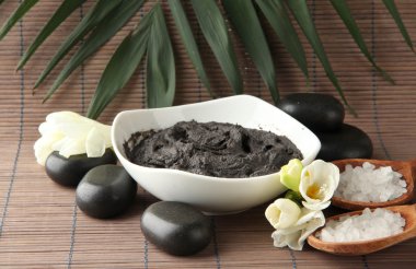 Bambu zemin üzerine spa uygulamaları için kozmetik kil ile kompozisyon