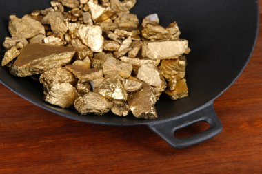 ahşap zemin üzerine altın nuggets-içinde ile Gold pan