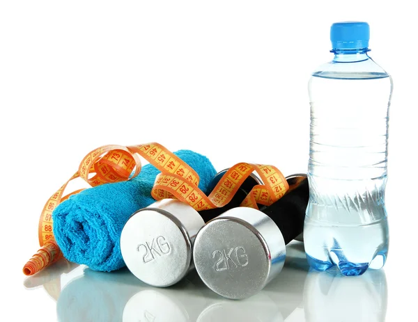 Dumbbells with centimeter,towel and bottle of water isolated on white — Stock Photo, Image
