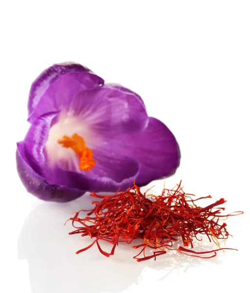 Beautiful purple crocus and saffron, isolated on white — Stock Photo, Image