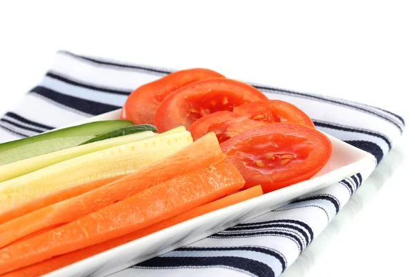 Surtido de palitos de verduras crudas en plato aislado en blanco — Foto de Stock