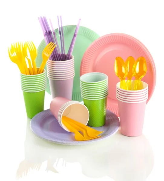 Multicolored plastic tableware isolated on white — Stock Photo, Image