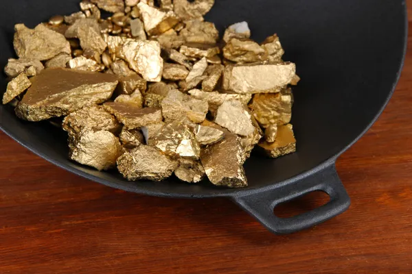 Gold pan with golden nuggets inside on wooden background — Stock Photo, Image